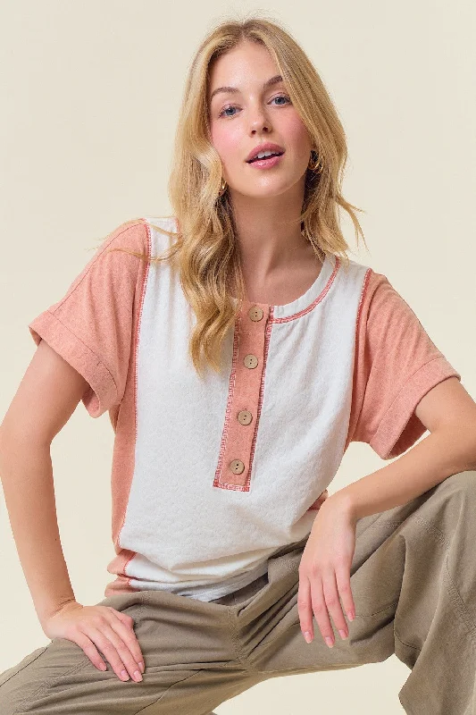 Weekend Savings Fiesta Salmon Leopard Textured Knit Roll-Up Short Sleeve