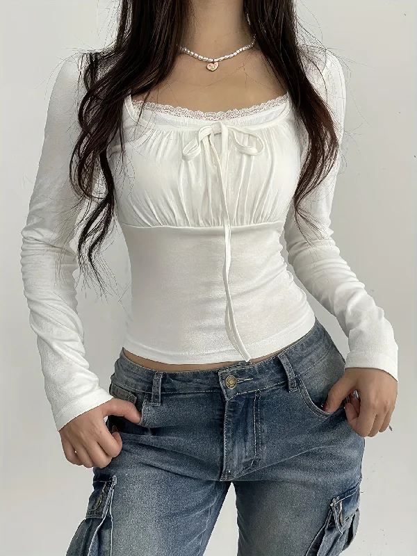 Weekend Bargains to Indulge In Sixsr Solid Color Contrast Lace T-Shirt, Y2K Bow Front Ruched Long Sleeve T-Shirt For Winter & Fall, Women's Clothing Weekend Bargains to Indulge In Sixsr Solid Color Contrast Lace T-Shirt, Y2K Bow Front Ruched Long Sleeve T-Shirt For Winter & Fall, Women's Clothing