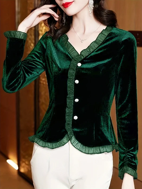 Weekend Steals Await Sixsr Velvet Lace Contrast Trim Top, Button Front V Neck Long Sleeve T-shirt, Women's Clothing Weekend Steals Await Sixsr Velvet Lace Contrast Trim Top, Button Front V Neck Long Sleeve T-shirt, Women's Clothing