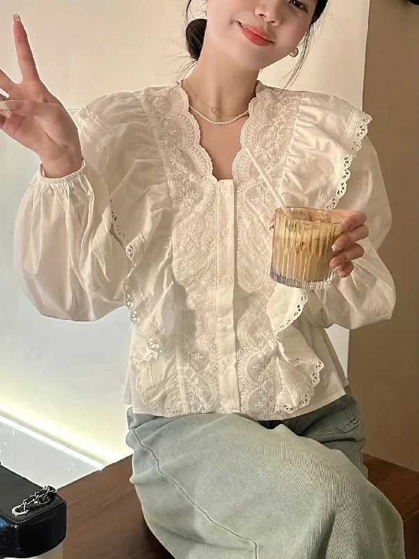 Weekend Offers That Delight Sixsr Contrast Lace Button Front Blouse, Ruffle Trim Lantern Sleeve Blouse For Spring & Fall, Women's Clothing Weekend Offers That Delight Sixsr Contrast Lace Button Front Blouse, Ruffle Trim Lantern Sleeve Blouse For Spring & Fall, Women's Clothing