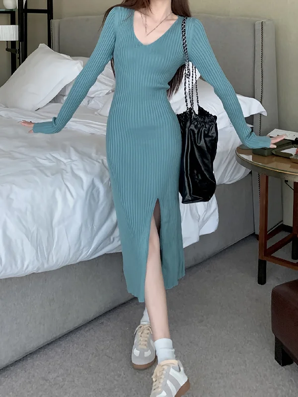 New Arrival Sixsr Solid Rib-knit Split Hem Sweater Dress, Long Sleeve V-neck Casual Dress, Women's Clothing New Arrival Sixsr Solid Rib-knit Split Hem Sweater Dress, Long Sleeve V-neck Casual Dress, Women's Clothing
