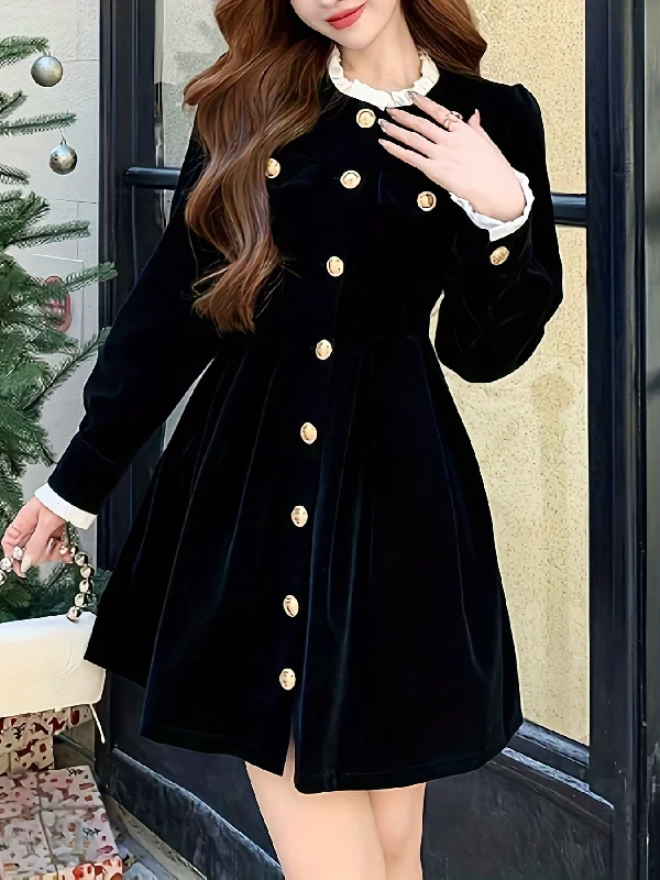 Super Discount Sixsr Solid Button Front Waist Velvet Dress, Elegant Long Sleeve Frill Trim Dress, Women's Clothing Super Discount Sixsr Solid Button Front Waist Velvet Dress, Elegant Long Sleeve Frill Trim Dress, Women's Clothing