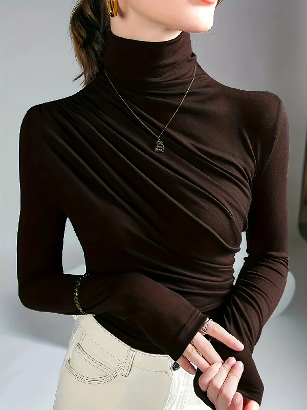 Low Price Sixsr Solid Ruched Mock Neck T-Shirt, Elegant Long Sleeve Top For Spring & Fall, Women's Clothing Low Price Sixsr Solid Ruched Mock Neck T-Shirt, Elegant Long Sleeve Top For Spring & Fall, Women's Clothing