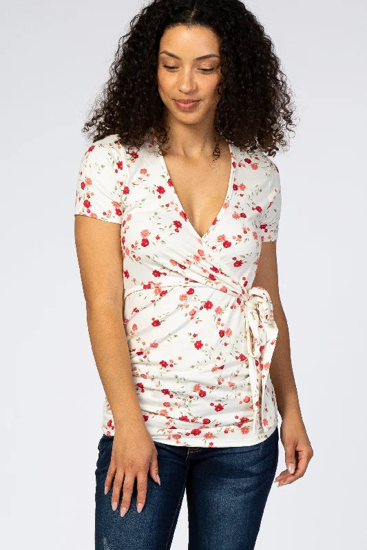 Unwind with Weekend Discounts Ivory Floral Wrap Fitted Nursing Top