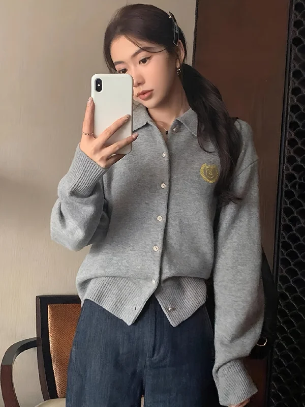 Flash Deal Sixsr Badge Pattern Button Up Knit Cardigan, Casual Turndown Collar Long Sleeve Sweater, Women's Clothing Flash Deal Sixsr Badge Pattern Button Up Knit Cardigan, Casual Turndown Collar Long Sleeve Sweater, Women's Clothing