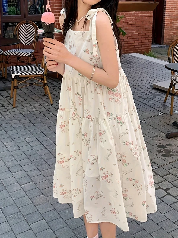 Value Pack Sixsr Floral Print Knot Strap Dress, Sleeveless Straight Neck Loose Babydoll Dress, Women's Clothing Value Pack Sixsr Floral Print Knot Strap Dress, Sleeveless Straight Neck Loose Babydoll Dress, Women's Clothing