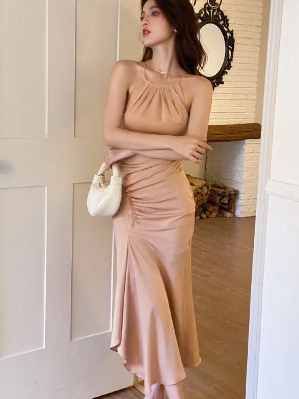Weekend Discounts You Deserve Solid Plicated Detail Mermaid Bodycon Dress, Elegant Sleeveless Asymmetric Ruffle Hem Dress, Women's Clothing