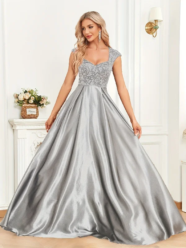 Closeout Deal Sixsr Cap Sleeve Embroidered Dress, Elegant V-neck Floor Length Dress For Wedding Party, Women's Clothing Closeout Deal Sixsr Cap Sleeve Embroidered Dress, Elegant V-neck Floor Length Dress For Wedding Party, Women's Clothing