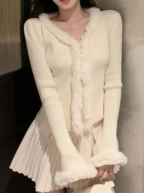 Weekend Savings Spectacular Sixsr Solid Faux Fur Decor V-neck Cardigan, Elegant Long Sleeve Slim Knit Cardigan For Fall & Winter, Women's Clothing Weekend Savings Spectacular Sixsr Solid Faux Fur Decor V-neck Cardigan, Elegant Long Sleeve Slim Knit Cardigan For Fall & Winter, Women's Clothing