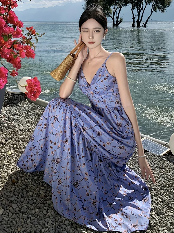 Weekend Savings Bonanza Allover Print Twist V-neck Cami Dress, Vacation Style Sleeveless Aline Dress For Summer, Women's Clothing