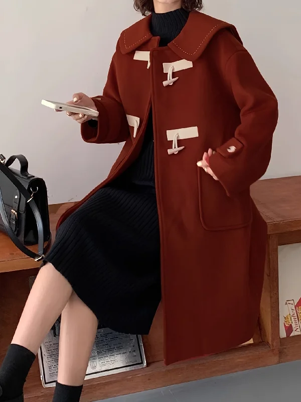Weekend Savings Spectacular Sixsr Peter Pan Collar Patched Pockets Overcoat, Preppy Long Sleeve Button Front Overcoat, Women's Clothing