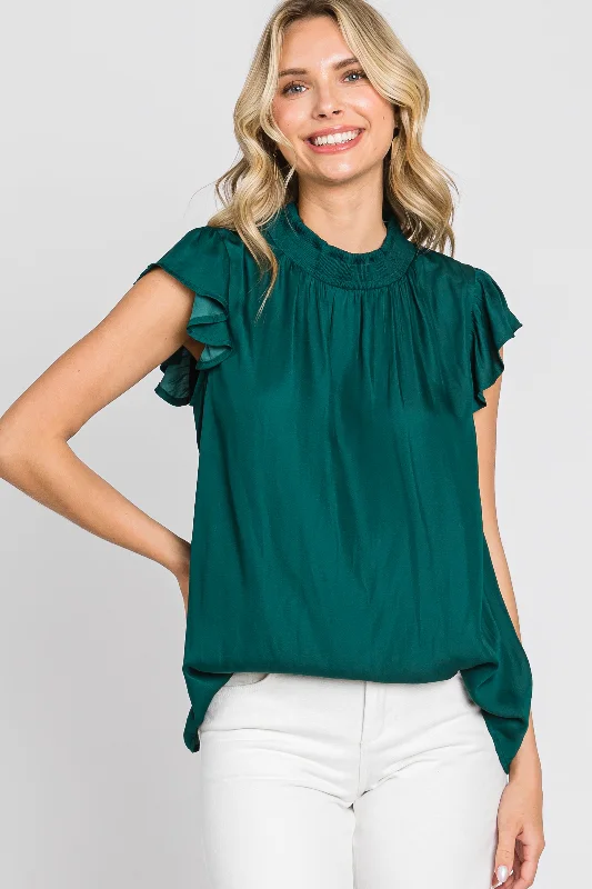 Weekend Specials to Grab Forest Green Mock Neck Flutter Blouse