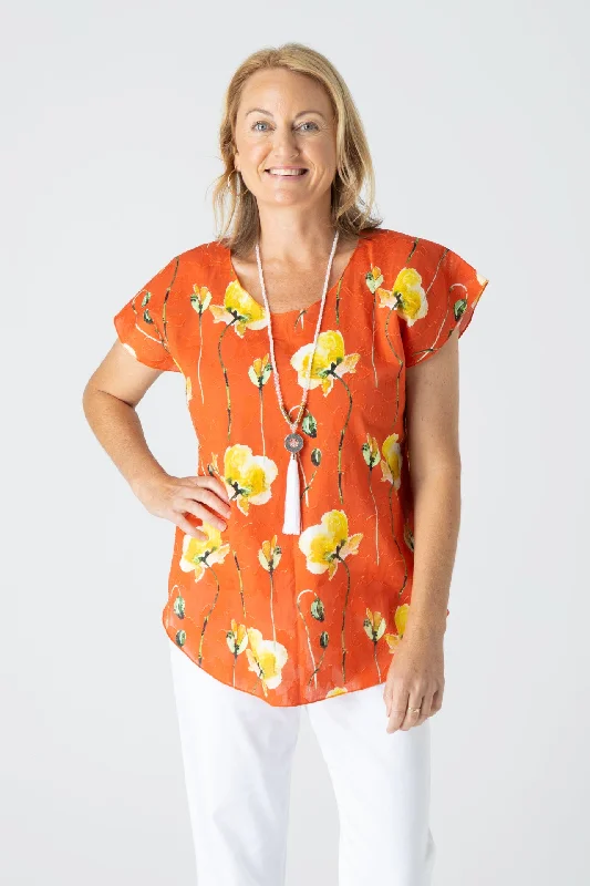 Weekend Discounts to Grab Tangerine Print Short Sleeve Non-Crush Jacquard Cotton Top