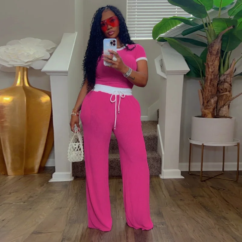 Weekend Offers That Please SIXSR T033  2025 women's clothing casual street daily rib contrasting color round neck short-sleeved pants set two-piece set