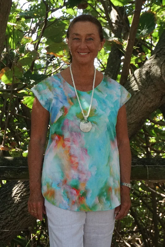 Weekend Offers That Amaze Glacier Print Short Sleeve Stretch Cotton Top