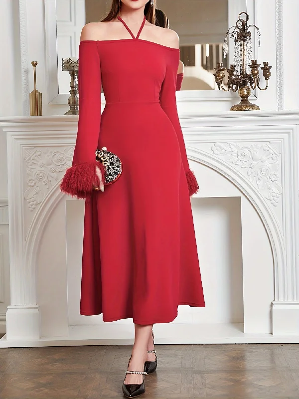 Lowest Rates Sixsr Halter Neck Fluffy Trim Dress, Elegant Solid Long Sleeve Midi Dress, Women's Clothing Lowest Rates Sixsr Halter Neck Fluffy Trim Dress, Elegant Solid Long Sleeve Midi Dress, Women's Clothing