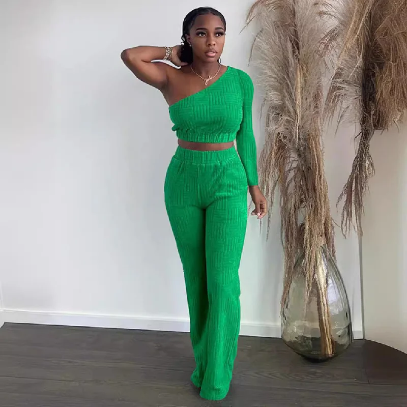 Stock Clearance SIXSR T116 2025 hot-selling women's clothing new towel jacquard solid color oblique shoulder long-sleeved trousers set Stock Clearance SIXSR T116 2025 hot-selling women's clothing new towel jacquard solid color oblique shoulder long-sleeved trousers set