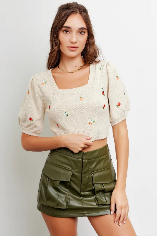 Weekend Deals to Make You Smile Beige Square Neck Floral Embroidered Sweater