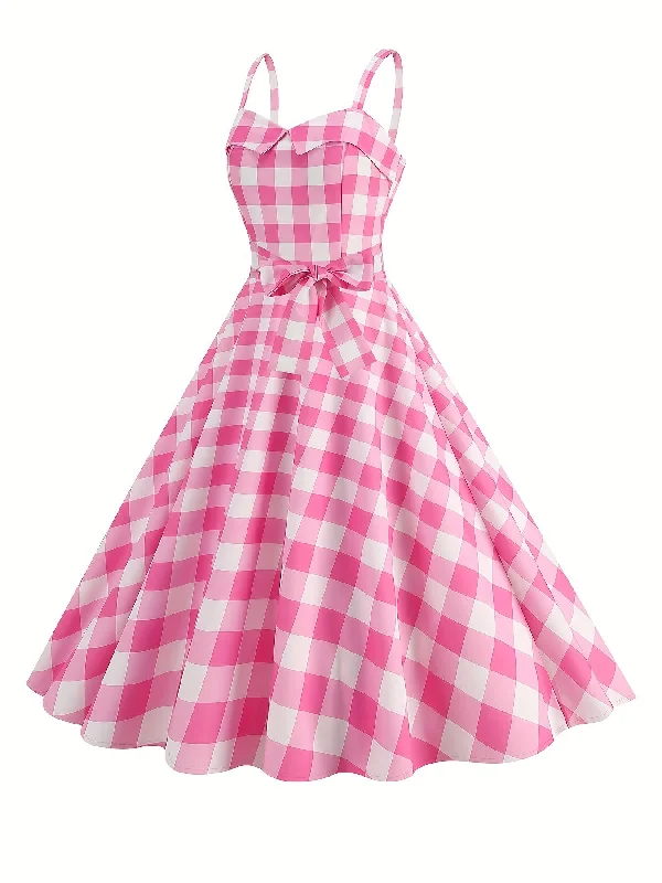 Weekend Discounts to Celebrate Sixsr Plaid Print Bow Decor Cami Dress, Vintage Sleeveless Shirred Flared Dress, Women's Clothing Weekend Discounts to Celebrate Sixsr Plaid Print Bow Decor Cami Dress, Vintage Sleeveless Shirred Flared Dress, Women's Clothing