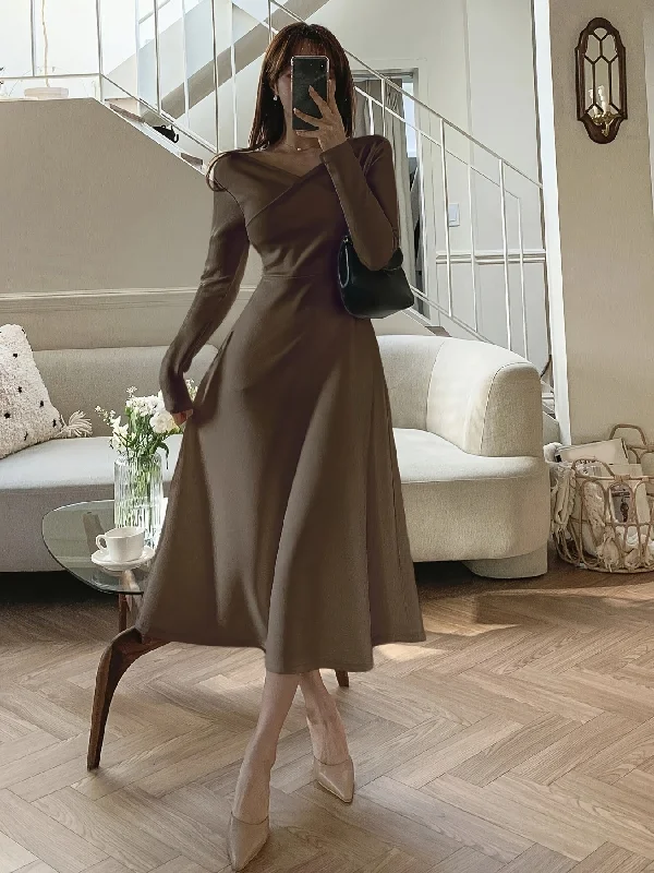 Unbeatable Deal Sixsr Solid A-line Dress, Elegant V Neck Long Sleeve Dress For Spring & Fall, Women's Clothing Unbeatable Deal Sixsr Solid A-line Dress, Elegant V Neck Long Sleeve Dress For Spring & Fall, Women's Clothing