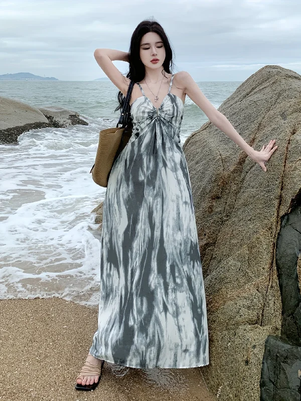Weekend Steals Await Tie Dye Ruched V-neck Cami Dress, Vacation Style Sleeveless Loose Dress For Summer, Women's Clothing