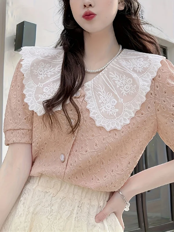 Online Exclusive Sixsr Contrast Trim Elegant Blouse, Short Sleeve Blouse For Spring & Summer, Women's Clothing Online Exclusive Sixsr Contrast Trim Elegant Blouse, Short Sleeve Blouse For Spring & Summer, Women's Clothing