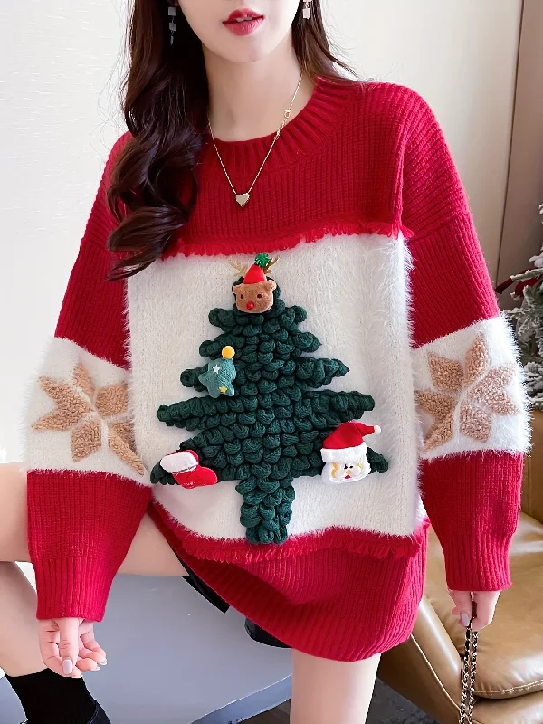 Instant Deal For Fall & Winter, Casual Long Sleeve Christmas Tree Decor Crew Neck Sweater, Women's Clothing
