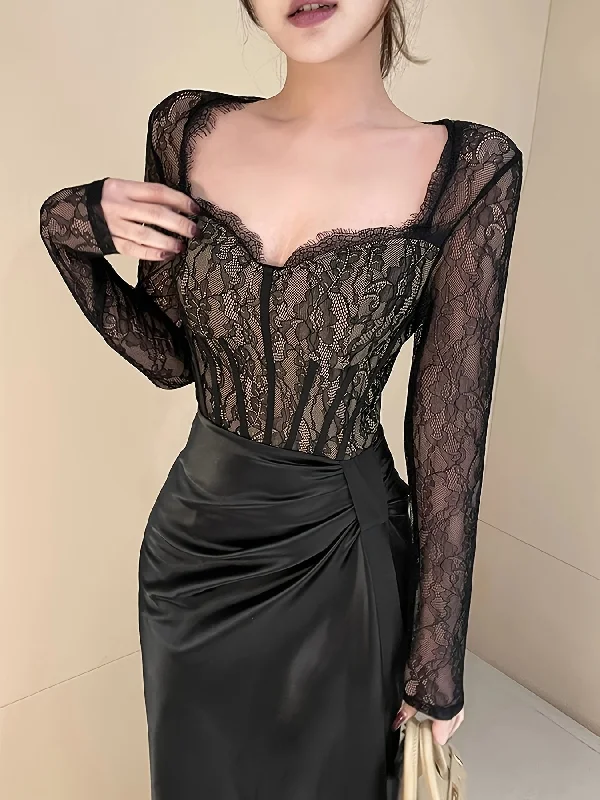 Weekend Bargains to Celebrate Sixsr  Contrast Lace Splicing Dress, Elegant Long Sleeve Dress For Party & Banquet, Women's Clothing