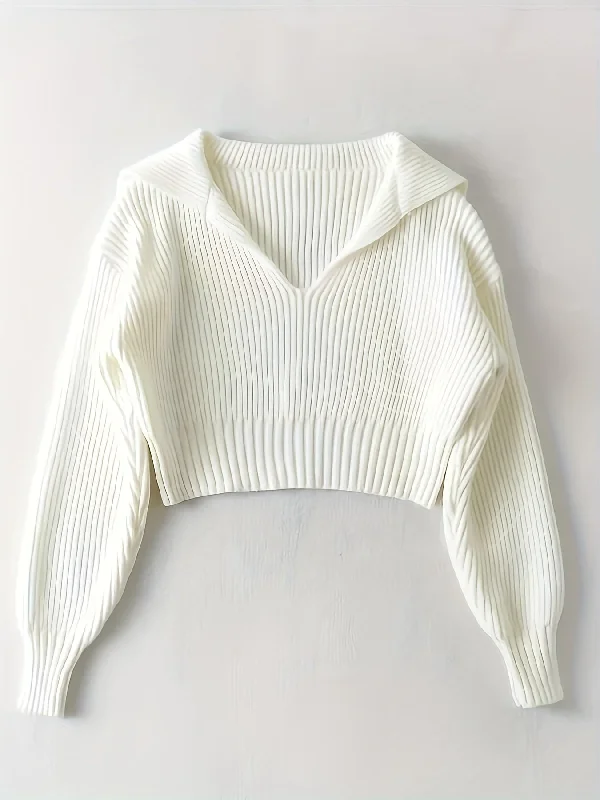 Half Price Sixsr Solid Crop Rib Knit Sweater, Casual Long Sleeve V Neck Sweater, Women's Clothing