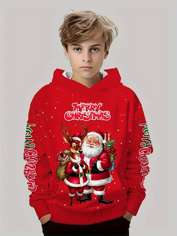 Weekend Price Cuts Galore Festive Boys' Winter Hoodie - Fashion Sweatshirts with Santa & Reindeer Print, Long Sleeve Pullover, Casual Polyester Knit with Spandex, Regular Fit for Ages 12 & Under, Perfect for Fall and Winter Seasons