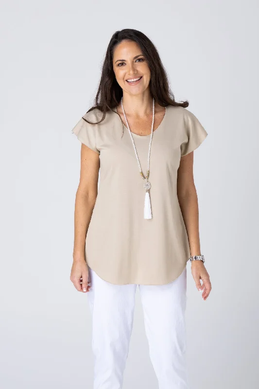 Weekend Savings Spectacle Beige Cotton Sports Knit Short Sleeve Top