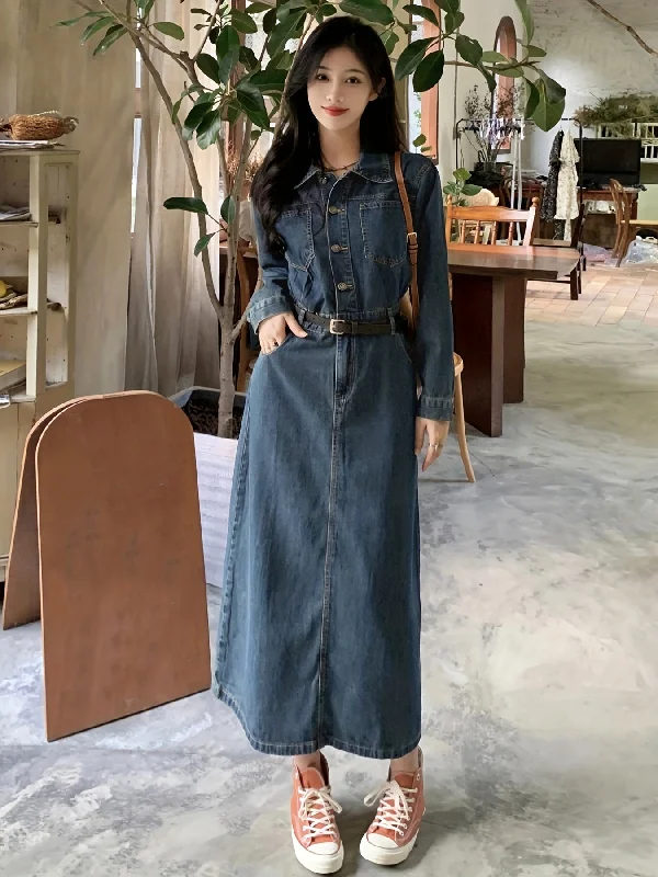 Weekend Deals That Dazzle Sixsr Blue Long Sleeves Denim Dress, Retro Style Single Breasted Button Split Lapel Denim Dress, Women's Denim Clothing Weekend Deals That Dazzle Sixsr Blue Long Sleeves Denim Dress, Retro Style Single Breasted Button Split Lapel Denim Dress, Women's Denim Clothing