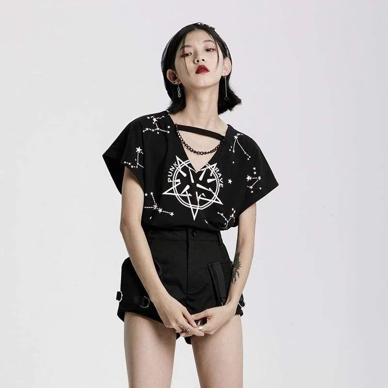 Online Deal Women's Grunge Moon Printed V-neck Loose Short Sleeved T-shirt