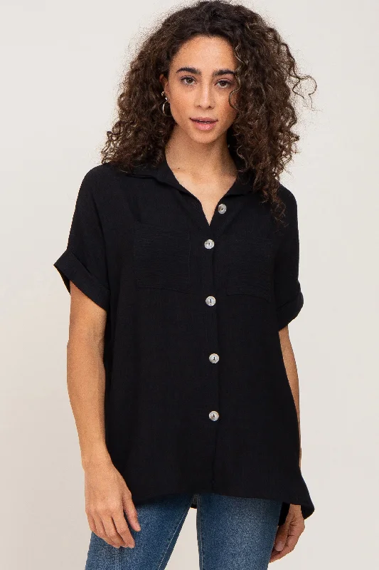 Can't Beat Black Collared Button-Down Short Sleeve Blouse