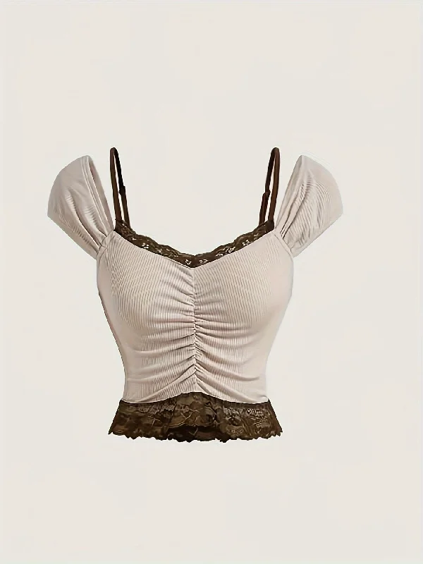 Weekend Discounts to Savor Sixsr Faux Twinset Contrast Lace Strap Top, Casual Cap Sleeve Ruched Crop Top For Spring & Summer, Women's Clothing Weekend Discounts to Savor Sixsr Faux Twinset Contrast Lace Strap Top, Casual Cap Sleeve Ruched Crop Top For Spring & Summer, Women's Clothing