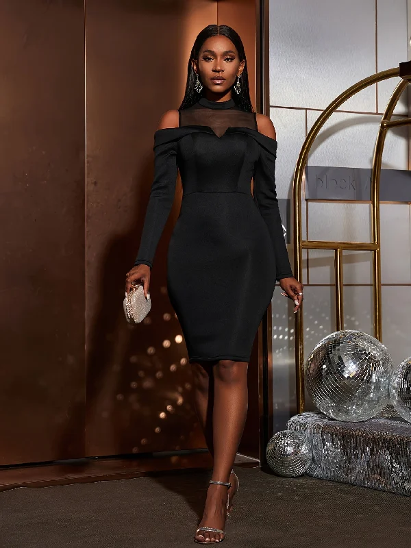 Overstock Clearance Sixsr  Contrast Mesh Mock Neck Bodycon Dress, Elegant Long Sleeve Dress For Party & Banquet, Women's Clothing