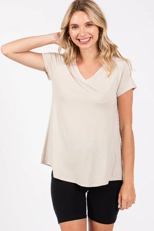 Crazy Savings Beige Basic V-Neck Short Sleeve Top