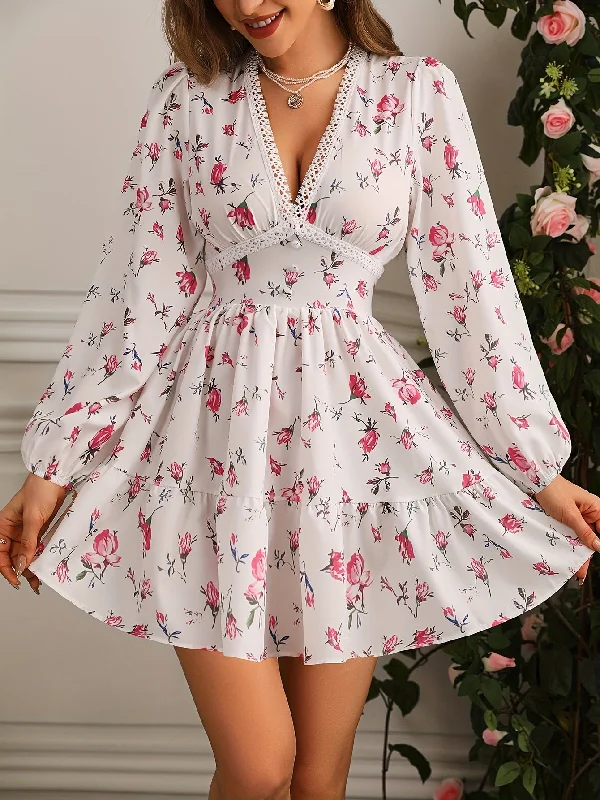 Take Advantage Floral Print V Neck Dress, Elegant Long Sleeve Dress For Spring & Fall, Women's Clothing Take Advantage Floral Print V Neck Dress, Elegant Long Sleeve Dress For Spring & Fall, Women's Clothing
