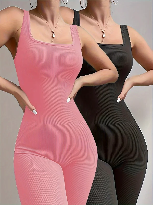 Exclusive Offer Sixsr 2pcs Solid Color Ribbed Yoga Jumpsuit, Square Neck Sports Fitness Sleeveless Bodysuit, Women's Activewear Exclusive Offer Sixsr 2pcs Solid Color Ribbed Yoga Jumpsuit, Square Neck Sports Fitness Sleeveless Bodysuit, Women's Activewear