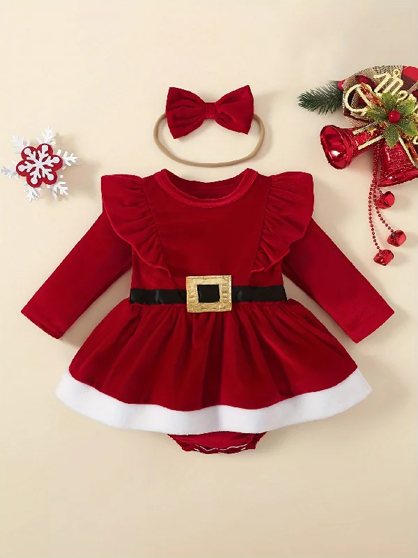 Weekend Special Baby Girl's Long Sleeves Jumpsuit With Skirt's Hemline & Bowknot Headscarf Set, Perfect For Party & Christmas Holiday, Best Outdoor Clothing For Toddlers