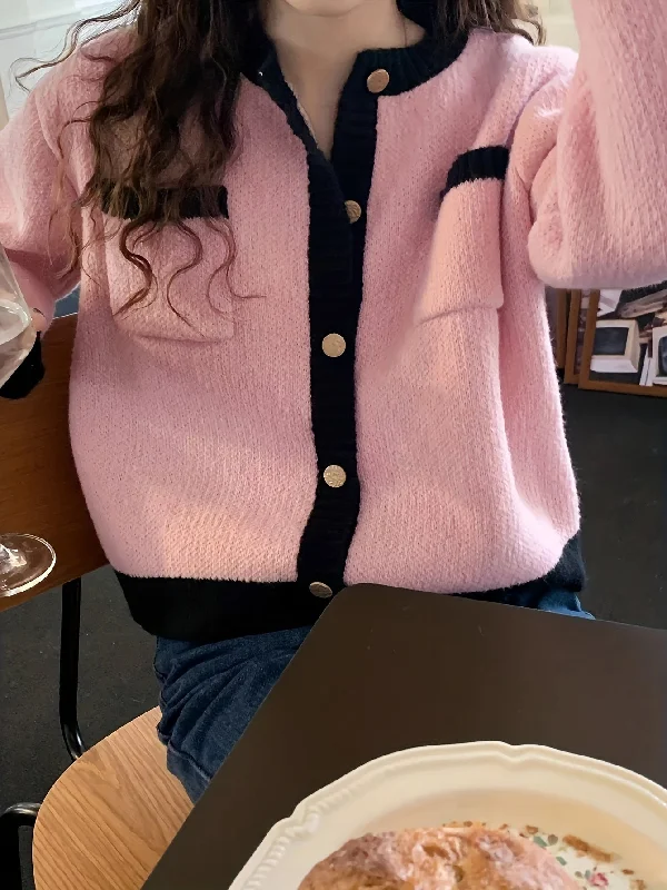 Sale Alert Sixsr Contrast Trim Knitted Cardigan, Elegant Button Front Long Sleeve Cardigan, Women's Clothing Sale Alert Sixsr Contrast Trim Knitted Cardigan, Elegant Button Front Long Sleeve Cardigan, Women's Clothing