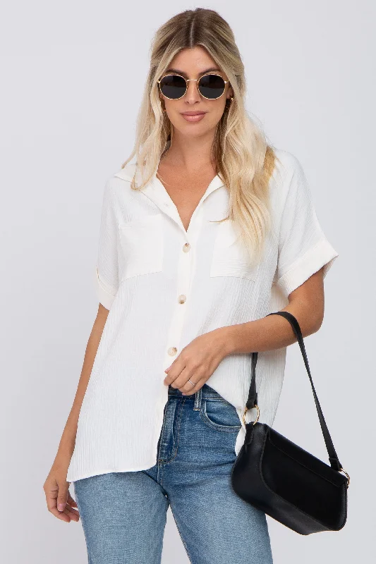 Early Access Ivory Collared Button-Down Short Sleeve Blouse