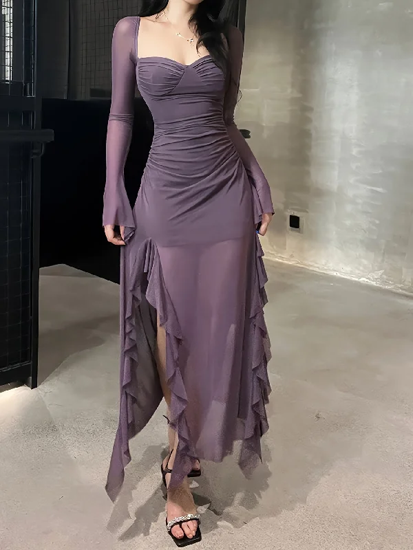 Time-Limited Offer Sixsr Solid Ruffle Trim Split Asymmetrical Dress, Elegant Flare Sleeve Mesh Ruched Dress, Women's Clothing Time-Limited Offer Sixsr Solid Ruffle Trim Split Asymmetrical Dress, Elegant Flare Sleeve Mesh Ruched Dress, Women's Clothing