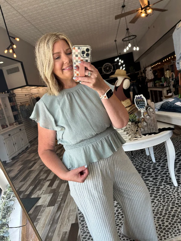 Massive Deal Flutter Sleeve Blouse w/Smocked Detail