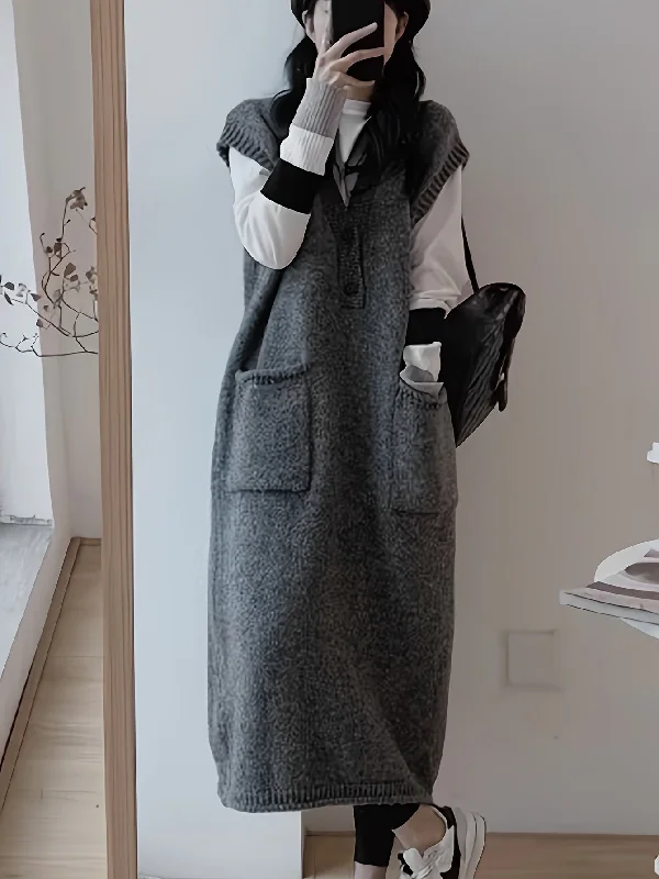 Weekend Offers That Delight Sixsr Button Decor Sleeveless Knit Dress, Casual V Neck Dual Pocket Vest Dress For Fall & Winter, Women's Clothing Weekend Offers That Delight Sixsr Button Decor Sleeveless Knit Dress, Casual V Neck Dual Pocket Vest Dress For Fall & Winter, Women's Clothing