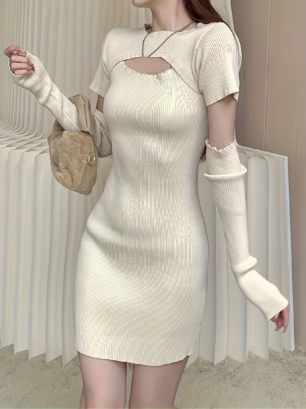 Closeout Deal Sixsr Cut Out Bodycon Knit Dress, Chic Crew Neck Short Sleeve Mini Dress With Arm Sleeve, Women's Clothing Closeout Deal Sixsr Cut Out Bodycon Knit Dress, Chic Crew Neck Short Sleeve Mini Dress With Arm Sleeve, Women's Clothing