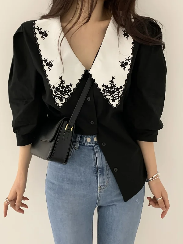 Midnight Madness Sixsr Embroidered Peter Pan Collar Blouse, Vintage Half Sleeve Blouse For Spring & Summer, Women's Clothing Midnight Madness Sixsr Embroidered Peter Pan Collar Blouse, Vintage Half Sleeve Blouse For Spring & Summer, Women's Clothing
