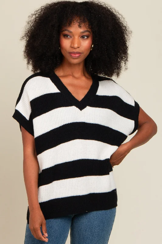 Markdown Sale Black Striped V-Neck Sweater Top