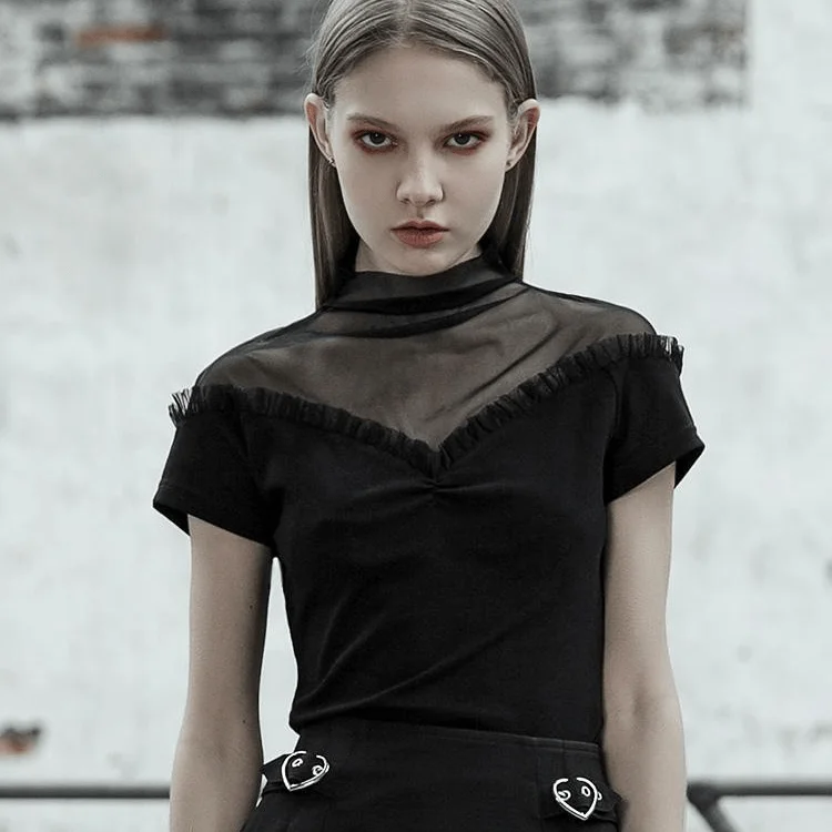 Time-Limited Offer Women's Goth Mesh Frilled Fitted Black T-shirt