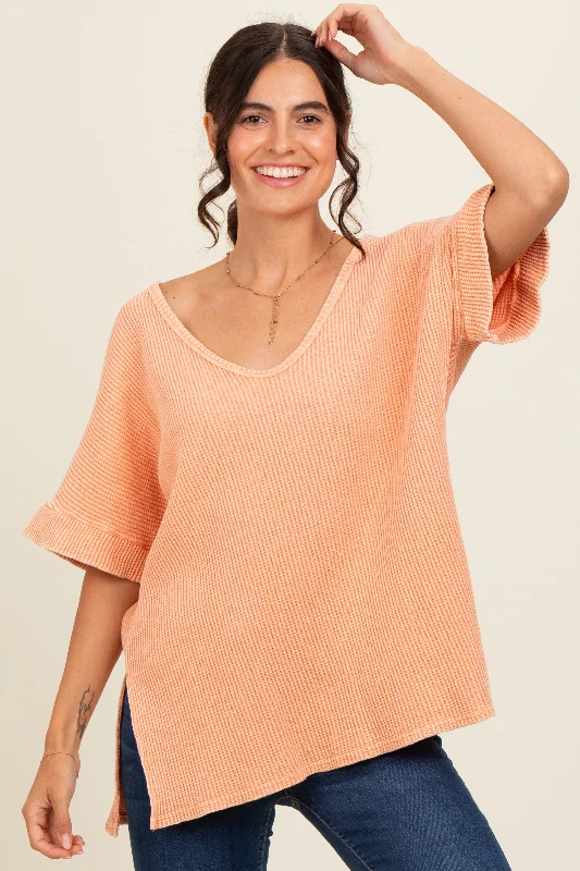 Top Pick Peach Waffle Knit V-Neck Top